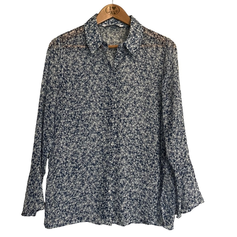 Zara Blue and White Sheer Floral Long Sleeve Blouse Size S